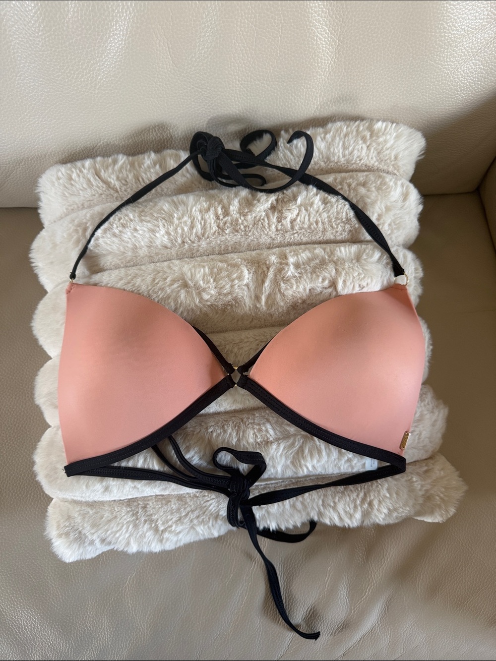 PINK Victoria's Secret | Peach Pink Bikini Top with Black Trim and Ties